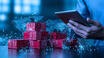 Poster - A person uses a tablet while surrounded by digital graphics of stacked shipping containers and a global network