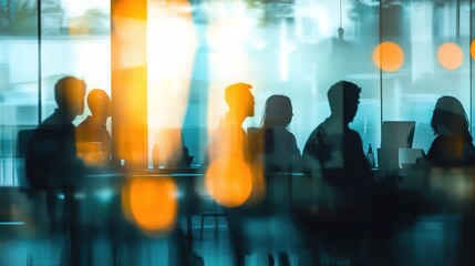 Wall Mural - Blurred Silhouettes of People in Modern Coworking Space at Sunset