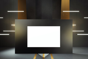 Poster - Modern interior with black walls, glowing white canvas, and linear hanging lights as a futuristic presentation backdrop. 3D Rendering