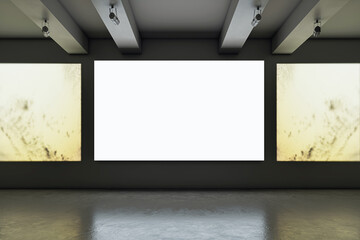 Poster - Blank white digital display in a modern gallery room with dark walls and spotlights. 3D Rendering