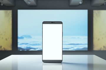 Poster - Smartphone with blank screen on reflective podium in modern interior setup. 3D Rendering