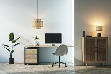 Poster - Modern home workspace with wooden desk and computer, elegant chair, plants, pendant lamp, cabinet, and warm lighting. 3D Rendering