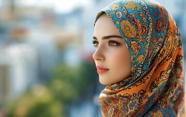 Canvas Print - Young woman in patterned hijab, looking away.