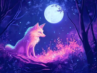 a pink fox sits under a full moon, with dark trees and glowing flowers creating a magical and serene night.