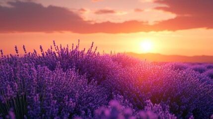 Wall Mural - Vibrant sunset over a vast lavender field.