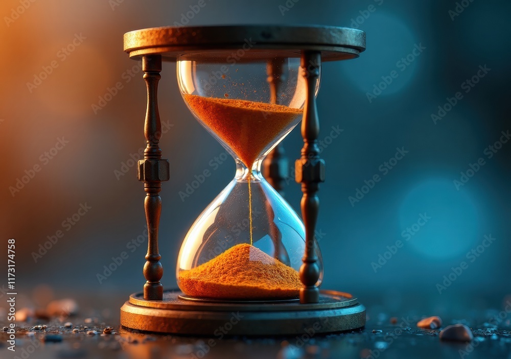 Hourglass symbolizes the passage of time with sand flowing slowly Stock ...