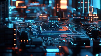 Poster - Abstract Close-Up of Circuit Board with Glowing Blue Lights