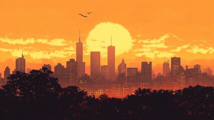 Poster - Vibrant City Skyline at Sunset with Orange Sky and Silhouette