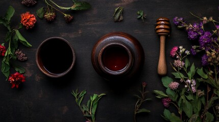 Wall Mural - Honey pot, honey dipper, and flowers on dark wood.