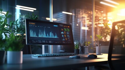 Poster - Brightly Lit Office Space with Digital Dashboard and Modern Design