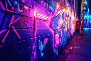 Poster - Neon Lights Illuminate Graffiti Covered Brick Wall