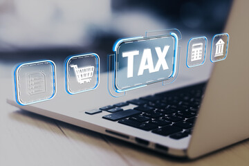 Aufkleber - Tax concept with digital icons on laptop keyboard, representing online accounting and economy in modern corporate office setup.