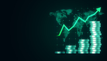 Wall Mural - Abstract image of coin stacks with upward graph and world map in green background. 3D Rendering