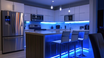 Sticker - Modern kitchen featuring voice-controlled under-cabinet LED lights.