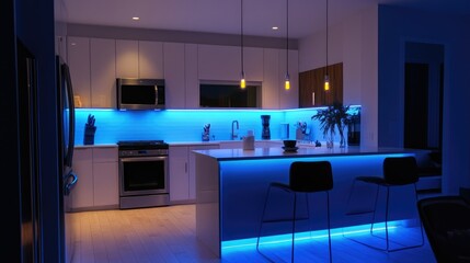 Sticker - Modern kitchen featuring voice-controlled under-cabinet LED lights.