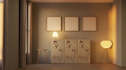 three framed poster mockup son simple living room interior background with floral pattern credenza. 3d illustration