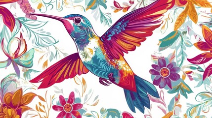 Poster - Vibrant Hummingbird Soaring Amidst Colorful Floral Designs