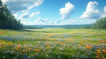 Vibrant wildflowers bloom in a sunny meadow under a blue sky with fluffy clouds and distant mountains.