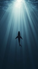 Poster - Sunbeams are shining through the rippling water surface creating a beautiful light show underwater, while a shark silhouette is swimming peacefully in the deep blue