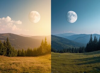 An image of the same landscape with pine trees in summer and winter, under the sun on one side and a full moon on the other side.