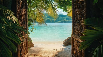 Sticker - Sunlit tropical beach with clear water and lush palms, seen through an ornate wooden door, inviting exploration