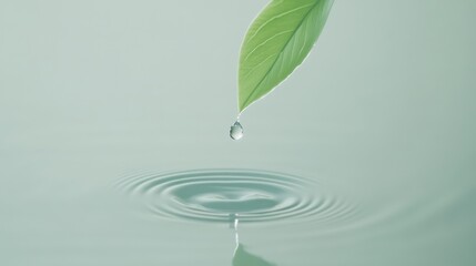 Poster - Green leaf holding a droplet of water, poised to fall into calm water, creating gentle ripples and reflections against a soft light teal background
