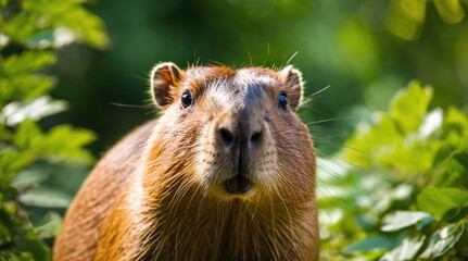 Wall Mural - intrigued capybara exploring lush vegetation in a sunlit habitat
