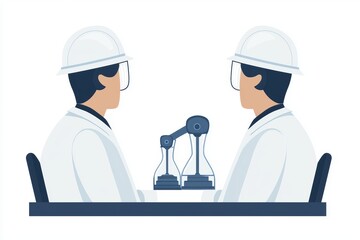 Poster - Two Scientists Engaged in Collaboration with Robotic Arm Technology in Laboratory