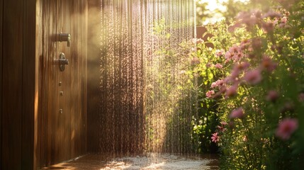 Poster - Water cascades from a rustic outdoor shower, surrounded by wildflowers and bathed in warm summer sunlight