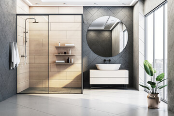 Poster - Modern bathroom interior with wooden and tiled walls, round mirror, glass shower, and sunlight entering through large windows. 3D Rendering