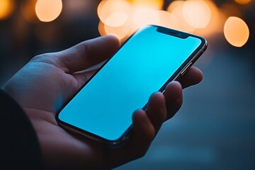A Close-Up of a Hand Holding a Smartphone with Blue Light Illuminating Its Screen in a Dark, Blurred Background