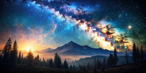 Wall Mural - Double Exposure: Starry Night Sky and Milky Way Galaxy - Cosmic Landscape