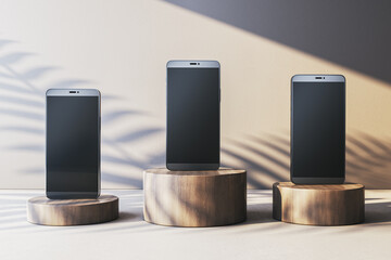 Poster - Three blank smartphone screens on wooden podiums with neutral background. 3D Rendering
