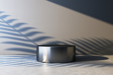 Poster - Modern empty studio interior with a metallic podium and palm shadows on a textured wall. 3D Rendering
