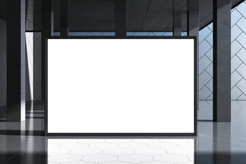 Aufkleber - Blank white digital display or poster mockup in a modern interior space with tiled walls and floor, surrounded by dark elements. 3D Rendering