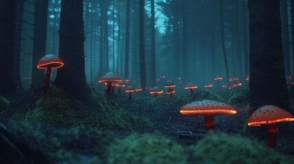 Wall Mural - Glowing mushrooms illuminate a dark, mossy forest floor at night.