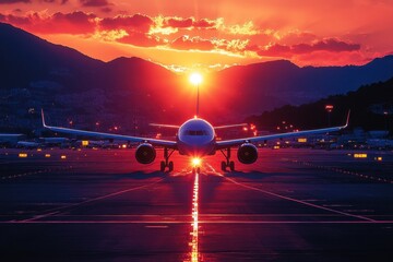 Wall Mural - Airplane taxiing on runway at sunset.