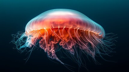 Poster - Vibrant lion's mane jellyfish with flowing tentacles gracefully floats in the dark depths of the ocean, creating a mesmerizing underwater scene with its translucent bell and ethereal presence