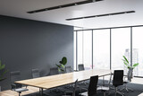 Modern conference room with large wooden table, black chairs, and plants by glass windows overlooking cityscape in contemporary office. 3D Rendering