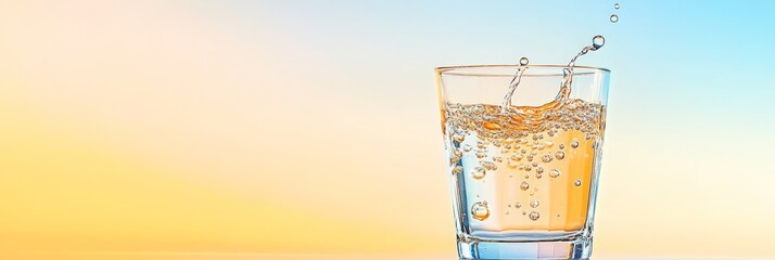 Poster - Clear glass filled with sparkling water, capturing droplets and bubbles as they ripple on the surface. The scene conveys freshness and purity against a gradient background