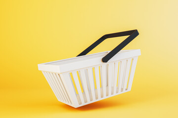Poster - White shopping basket with black handles isolated on yellow gradient background. 3D Rendering
