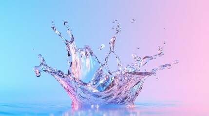 Poster - Crown shaped water splash is creating beautiful droplets and ripples on a surface with a vibrant pink and blue gradient background, offering a refreshing and artistic visual