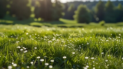 Wall Mural - Field of Grass with Water Droplets and Soft Natural Bokeh Background