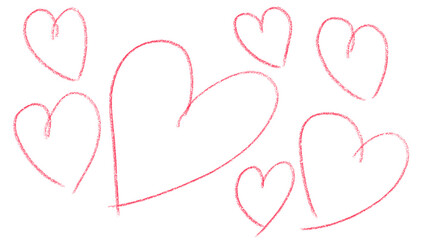 red hearts drawn with pencil, crayon on white background, illustration, set