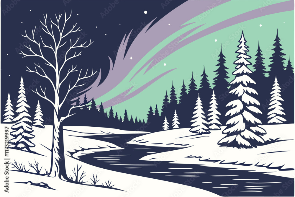 Northern Lights Over a Frozen Lake A frozen lake surrounded by snow ...