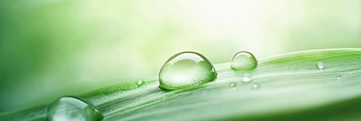 Poster - Sparkling water droplets rest on a vibrant green leaf, capturing the essence of nature's freshness and purity with a soft, dreamy bokeh effect in the background