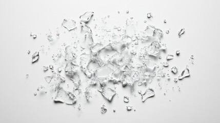 Poster - Pieces of crushed ice melting on a white background create a refreshing visual, with scattered water droplets enhancing the cool, clean aesthetic of the scene