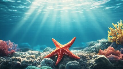 Poster - Sunbeams filtering through crystal clear water illuminate a vibrant red starfish resting on the seabed, surrounded by colorful coral and marine life