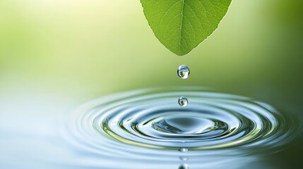 Poster - Water drops falling from a vibrant green leaf create gentle ripples on a serene water surface, evoking feelings of nature, purity, and overall wellness in a lush environment