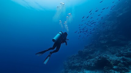 Aufkleber - Scuba diver explores the deep blue ocean, swimming alongside a school of fish near a vibrant coral reef, creating a serene and captivating underwater scene